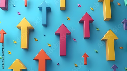3D illustration of a blue background with colorful arrows pointing upwards, symbolizing growth and progress. 