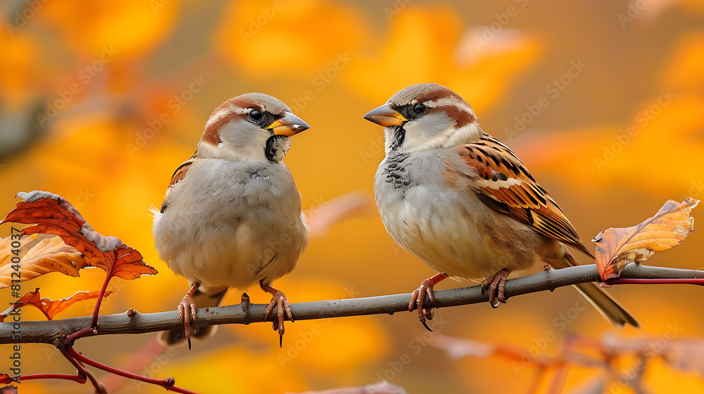 Beautiful pair of house sparrows on a branch with vibrant colors. Cute birds in love, Beautiful pair of house sparrows on a branch with vibrant colors. Cute birds in love,