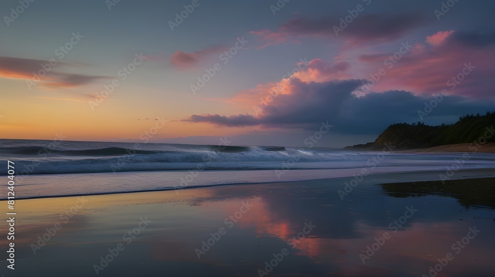 A serene beach at dawn with gentle waves rolling onto the shore