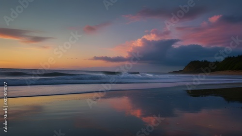 A serene beach at dawn with gentle waves rolling onto the shore