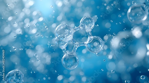 3D rendering of a transparent molecular structure containing carbon and keratin spheres on a blue background. creating depth through light reflections on bubbles and particles. 