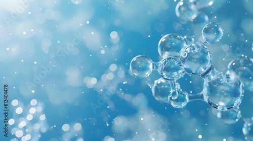 3D rendering of a transparent molecular structure containing carbon and keratin spheres on a blue background. creating depth through light reflections on bubbles and particles. 