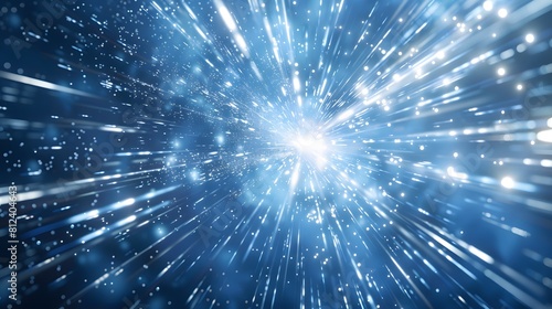 A blue background with white rays of light and geometric shapes radiating from the center, creating an explosion effect. 