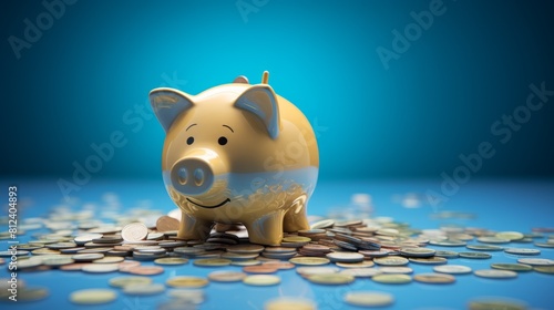a piggy bank with money on a blue surface