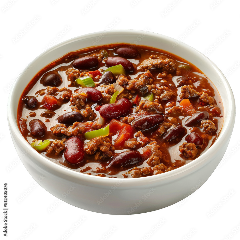 A bowl of chili with ground beef, tomatoes, onions, peppers, and beans.isolated on a transparent background A bowl of chili with ground beef, tomatoes, onions, peppers, and beans.isolated on a transparent background