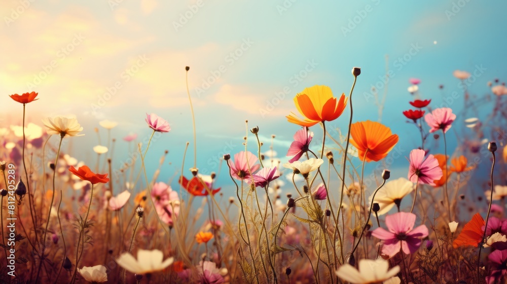 Meadow flowers on a field in background Vintage autumn landscape Colorful beautiful fall flowers
