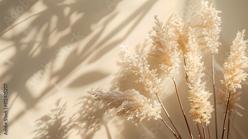 A bouquet of pampas grass in the foreground against a beige wall with beautiful sunlight and shadows  creating an elegant composition.  