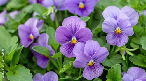 Close up image of multiple purple Viola tricolor flowers with heart shaped petals and green foliage