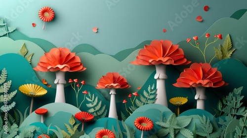 paper-cut-style background Mushroom forest , texture and shadow, fashion photography, space for text