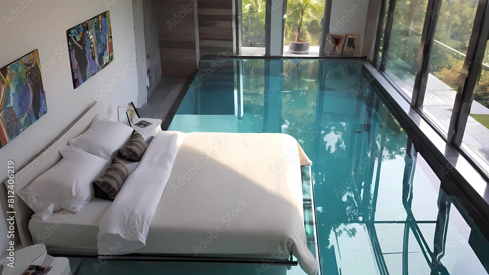 modern bedroom, with glass floor, above a swimming pool