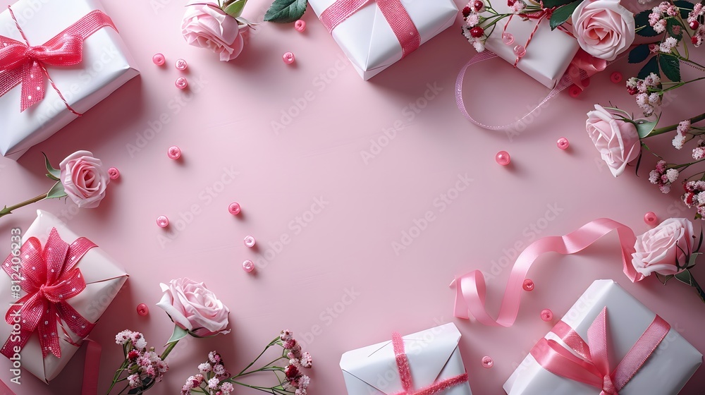 A pink background with small roses and ribbons, gifts wrapped in white paper are arranged on the left side of the picture. creating an elegant atmosphere for Mother's Day or other special events.
A pink background with small roses and ribbons, gifts wrapped in white paper are arranged on the left side of the picture. creating an elegant atmosphere for Mother's Day or other special events.