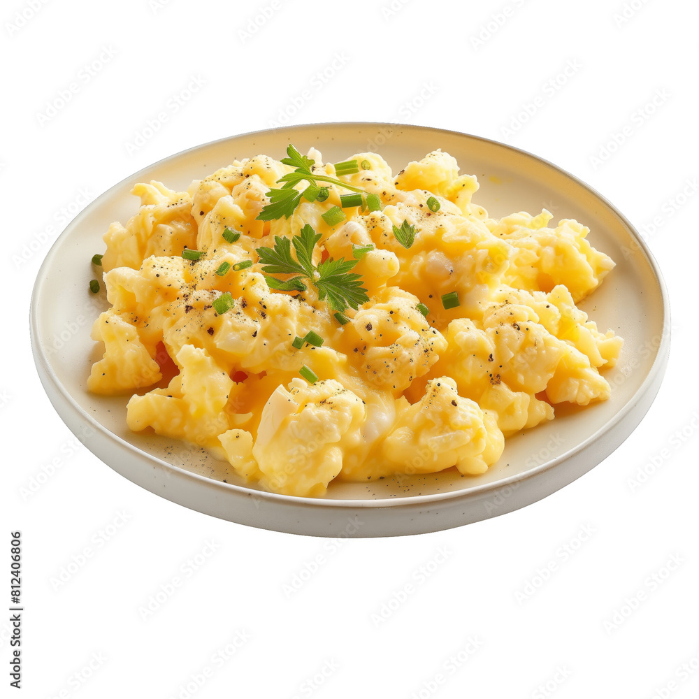 Scrambled eggs with parsley on a white plate. isolated on a transparent background Scrambled eggs with parsley on a white plate. isolated on a transparent background