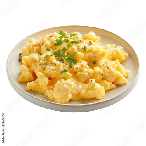 Scrambled eggs with parsley on a white plate. isolated on a transparent background