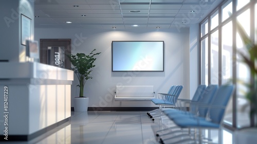 Mockup frame hanging elegantly in the hospital waiting area, capturing the attention of waiting patients.