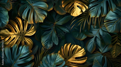 Luxury gold and green tropical leaves on a dark background banner with copy space, in the style of a vector illustration. 