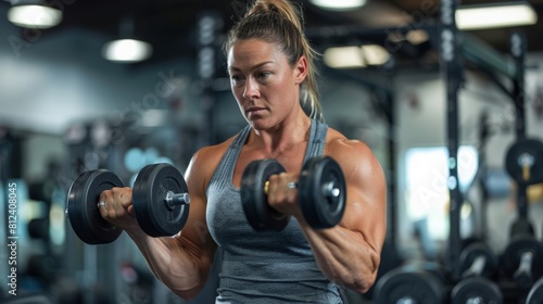 A muscular woman in a gray tank top is doing bicep curls with dumbbells.
