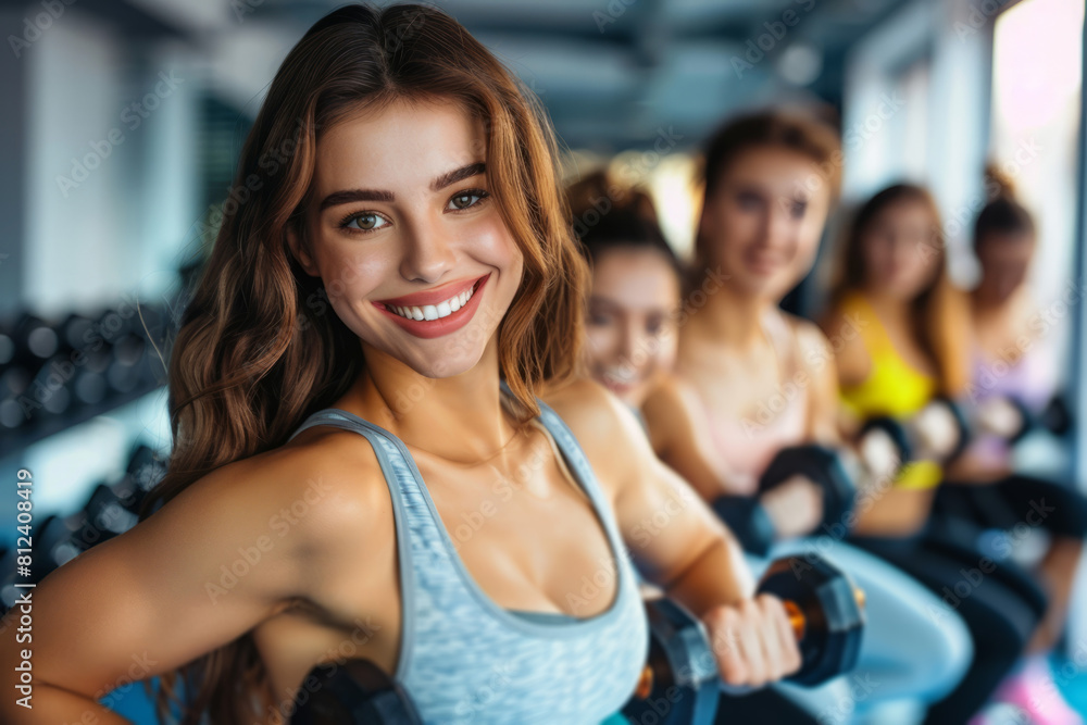 A smiling young woman with a group of friends doing dumbbell curls in a gym A smiling young woman with a group of friends doing dumbbell curls in a gym