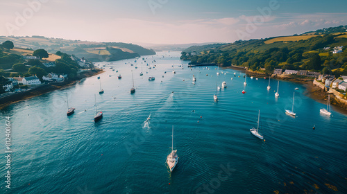 Drone footage taken over the Kingsbridge Estuary in Salcombe, South Hams, Devon, England, revealing Snapes Point and Salcombe Harbour photo