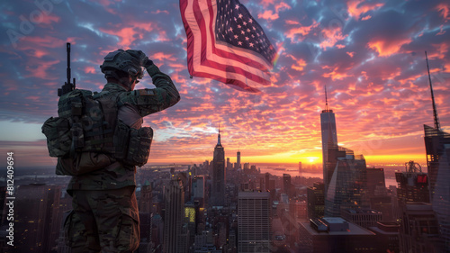Patriotic soldier saluting against New York skyline with transparent American flag in sunset.generative ai