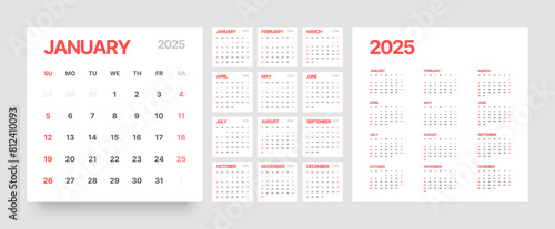 Monthly calendar template for 2025 year. Desk calendar in a minimalist style. Week Starts on Sunday. 