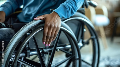 A detailed close up of a Black persons hands on the wheels of their wheelchair, highlighting strength and independence