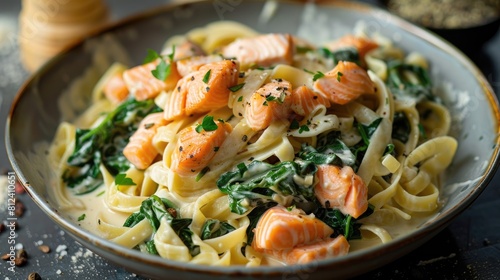 Creamy sauce with salmon and spinach over tagliatelle