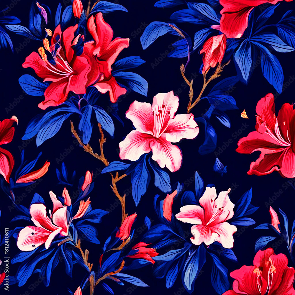 Colourful floral seamless Pattern with dark background watercolour painting of azalea flowers Colourful floral seamless Pattern with dark background watercolour painting of azalea flowers