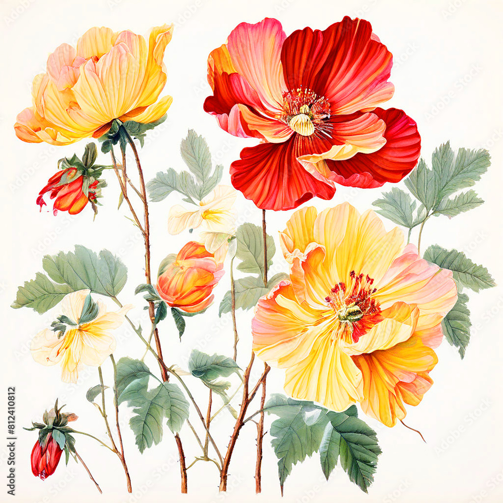 Colourful floral seamless Pattern with light background watercolour painting of abutilon flower