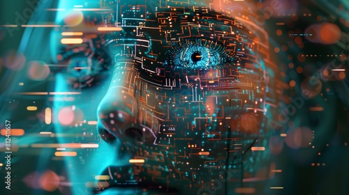AI human face, artificial intelligence digital concept.