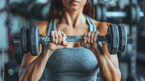 A woman works on her biceps with dumbbells in a gym
