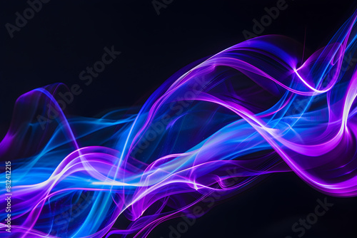 Luminous neon waves with electric blue and purple hues. Captivating abstract art.