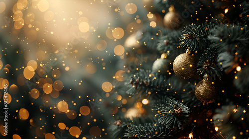 Gold blurred light background with Christmas tree