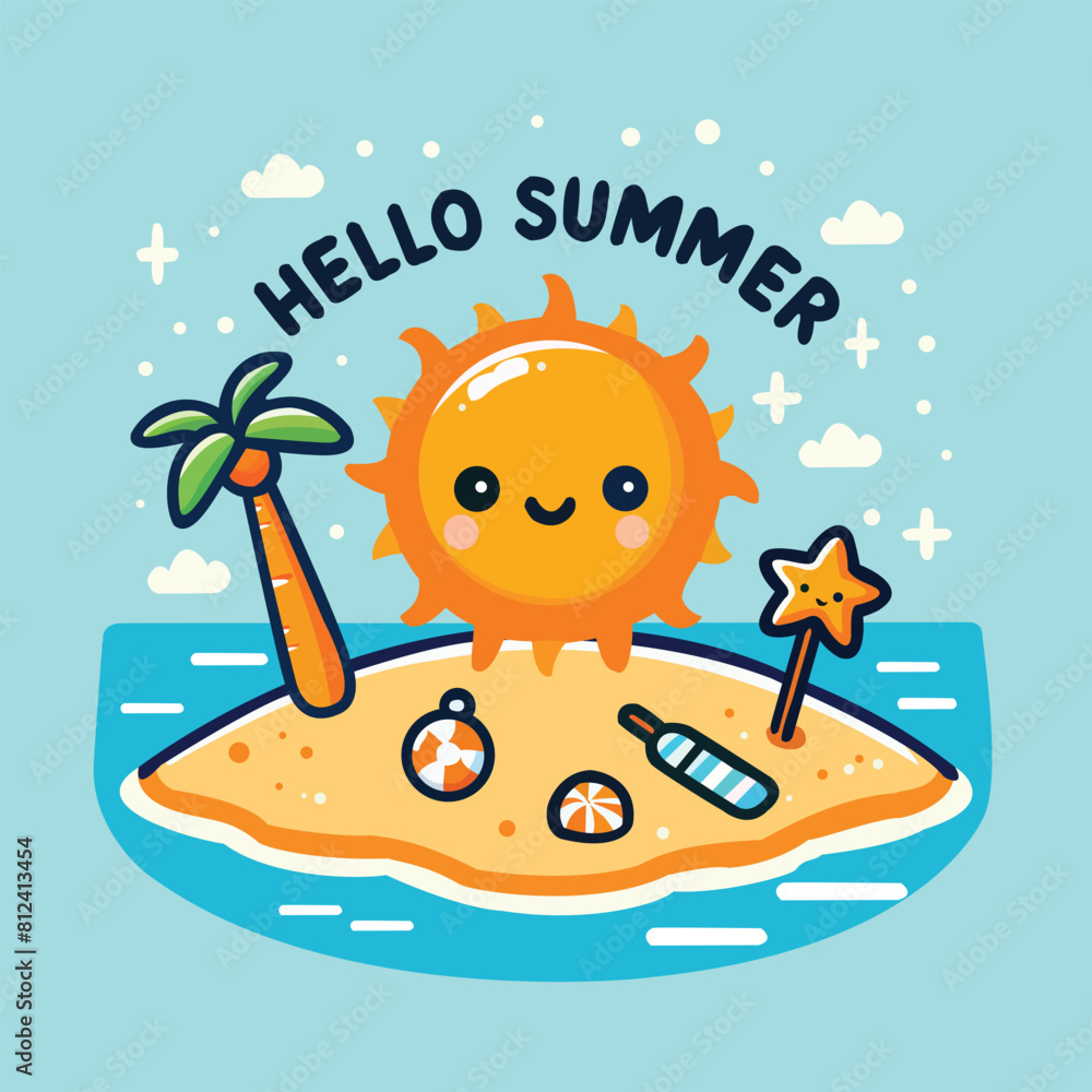 Naklejka premium Hello Summer Beach Illustration Game Environment