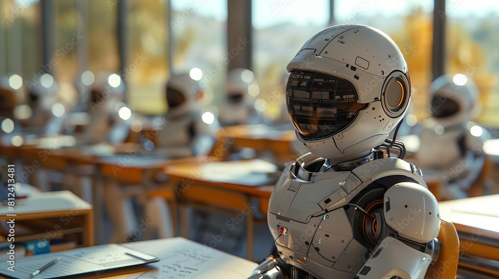 Represent a classroom of the future, where an AI teacher using machine learning adapts lessons to suit each student s learning style Represent a classroom of the future, where an AI teacher using machine learning adapts lessons to suit each student s learning style