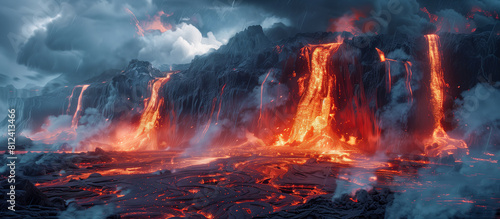 Dramatic panoramic view of spectacular volcanic eruptions with fiery lava flows amidst a stormy, dark sky, showcasing a powerful natural spectacle
