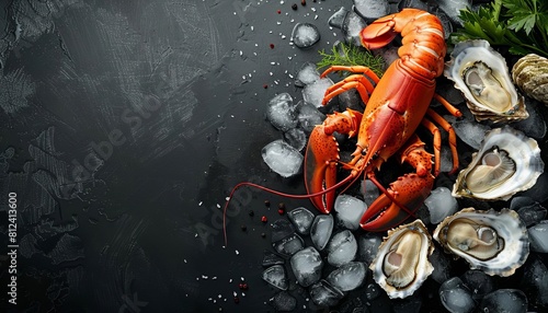 Represent a culinary scene of fresh seafood, including lobster and oysters, icy and glistening, on a black background with descriptive text photo