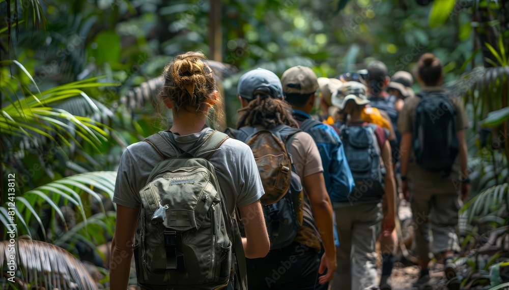 Represent a group of ecotourists led by a guide, learning about conservation efforts while observing a tropical rainforests biodiversity