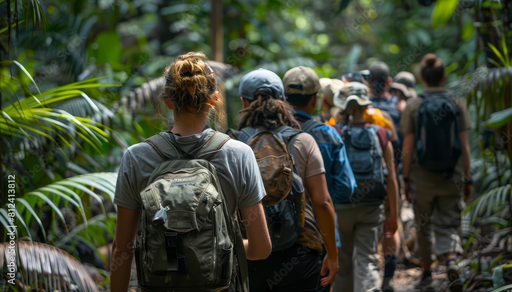 Represent a group of ecotourists led by a guide, learning about conservation efforts while observing a tropical rainforests biodiversity Represent a group of ecotourists led by a guide, learning about conservation efforts while observing a tropical rainforests biodiversity