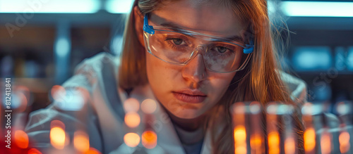 Close-up of a focused female scientist examining samples in a lab, her face lit by the warm glow of test tubes, portraying dedication and concentration
