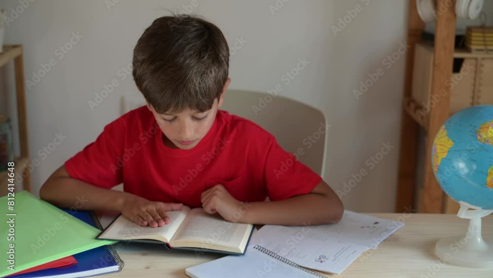 School Boy Is Reading A Book At Home, Diligent Student Boy Sitting And Learning School Lessons. Back To School. School Boy Is Reading A Book At Home, Diligent Student Boy Sitting And Learning School Lessons. Back To School.