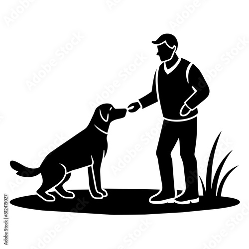 A dog trainer instructing a dog on a field silhouette  vector illustration