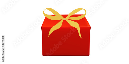 Birthday Red Gift Box Tied Golden Ribbon On White Background.	