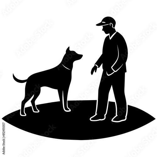 A dog trainer instructing a dog on a field silhouette  vector  illustration