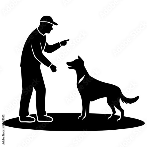 A dog trainer instructing a dog on a field vector silhouette illustration