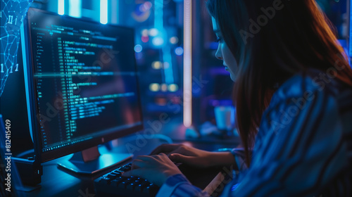  women programmer writing code on her computer at night  working in her office with blue light and a dark background