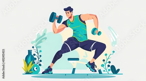 A fit man in a green shirt and black pants is doing bicep curls with dumbbells