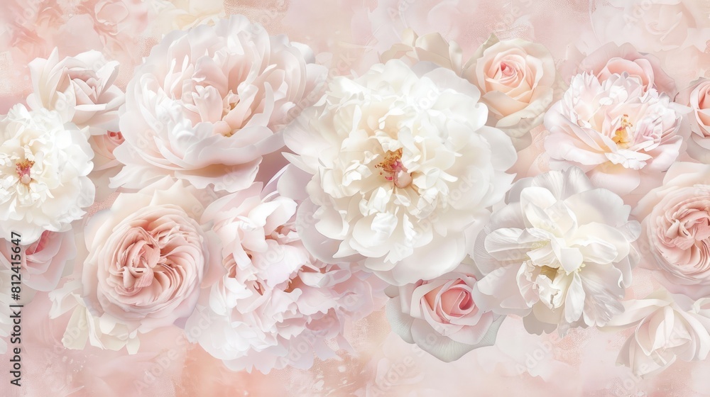 A soft array of peonies and roses set against a pale pink backdrop Pastel hue Ideal for greeting cards invites and postcards A soft array of peonies and roses set against a pale pink backdrop Pastel hue Ideal for greeting cards invites and postcards