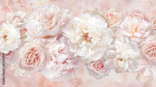 A soft array of peonies and roses set against a pale pink backdrop Pastel hue Ideal for greeting cards invites and postcards