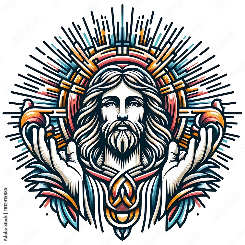 A graphic of a jesus christ holding his hands up image realistic photo harmony lively illustrator.