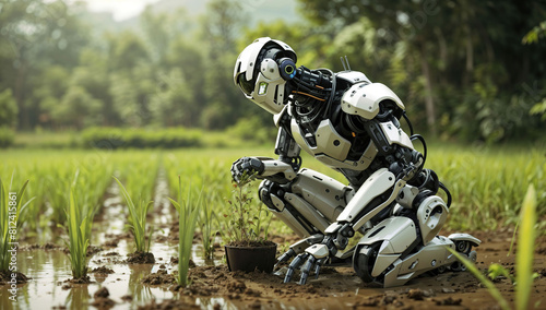 A humanoid robot kneeling on a lush and green paddy field with pot filling soil, this human friendly futuristic robot expresses concentration and determination focusing on planting, generative AI photo